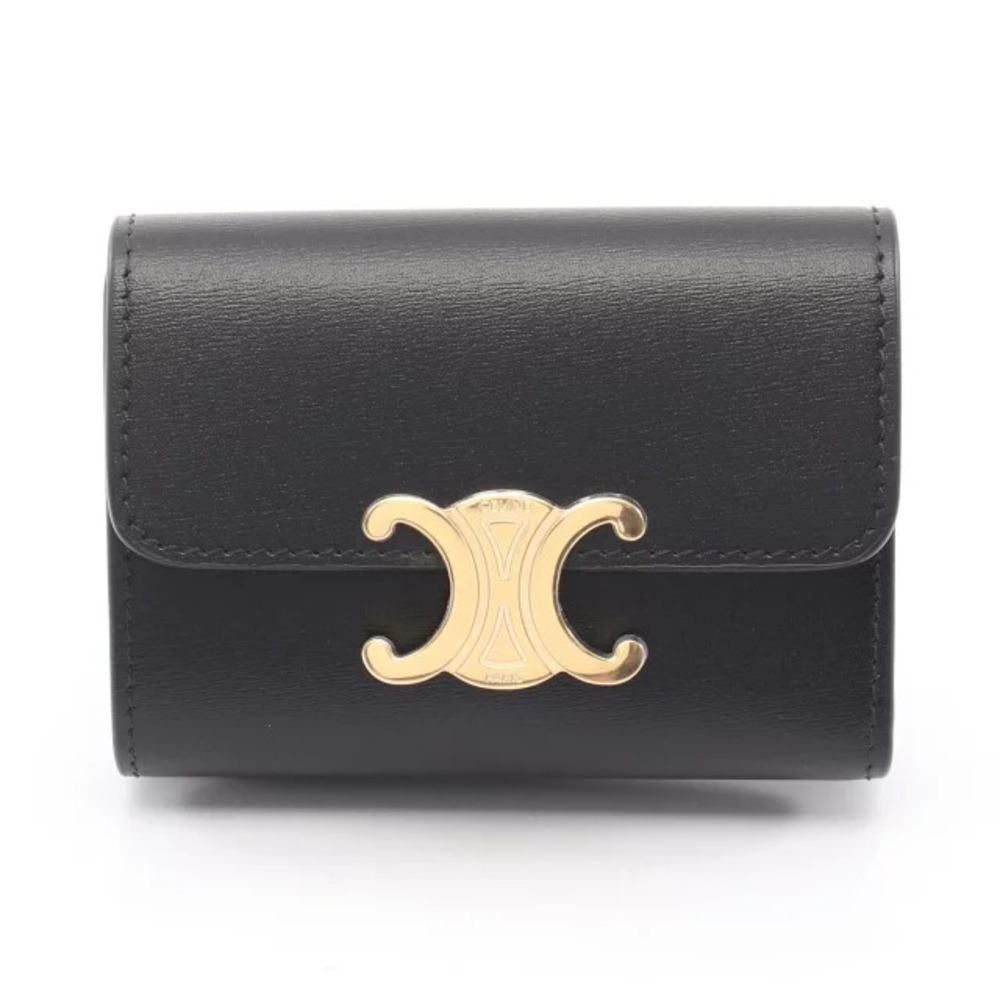 Celine Triomphe Compact Wallet Tri fold Leather Black